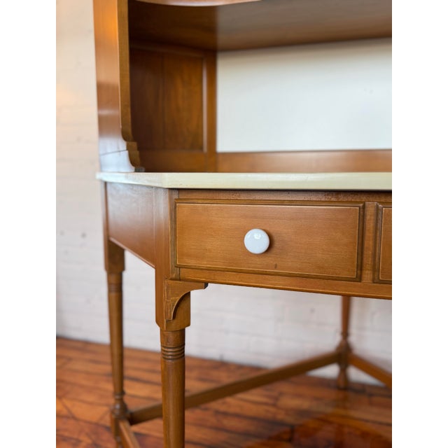Solid, well-preserved Pennsylvania House corner desk, featuring a white formica top and detachable bookcase/hutch. Solid...