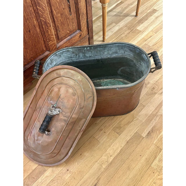 Wood Antique Early 1900’s Large Copper Laundry Wash Boiler With Lid & Wood Handles For Sale - Image 7 of 12