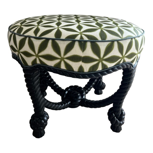 Italian Black Painted Rope Ottoman in Jasper Green Star Linen For Sale