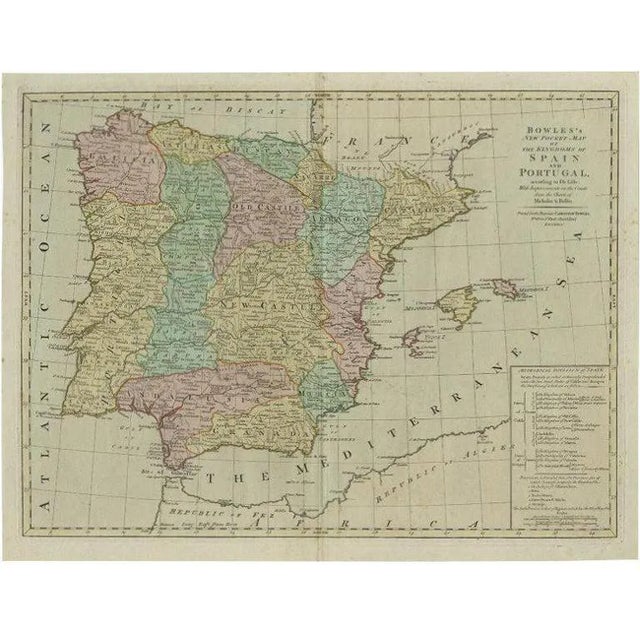 Antique Map of Spain and Portugal by Bowles, 1780 For Sale