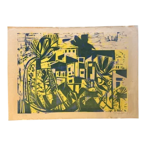 German Expressionist Woodcut - Village - Hans Gottried Schubert 1962