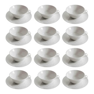 Mid 20th Century KPM Berlin Minimalist Cup Saucer Set White on White Feldblume Embossed Floral Insects Signed - 12 Pieces For Sale