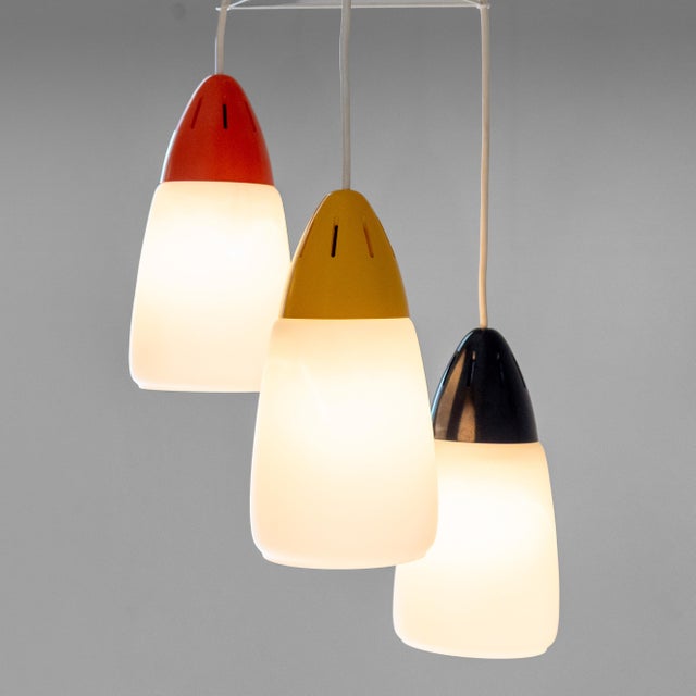 Italian Modern Three-Light Pendant Light in Opaline Glass and Iron, 1970s For Sale - Image 4 of 13