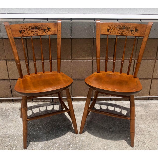 Farmhouse Pair Vintage Nichols & Stone Solid Maple Wood Stenciled Chairs For Sale - Image 3 of 10