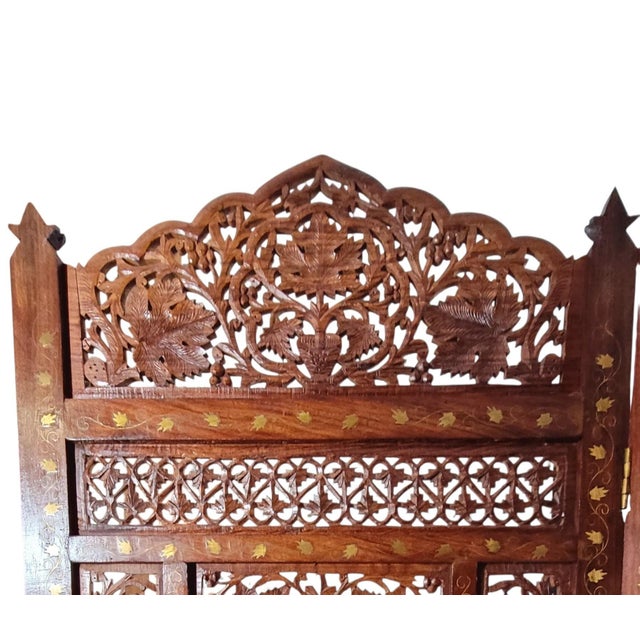 Vintage Four-Panel With Brass Inlay Teak Wood Screen Room Divider For Sale - Image 4 of 8