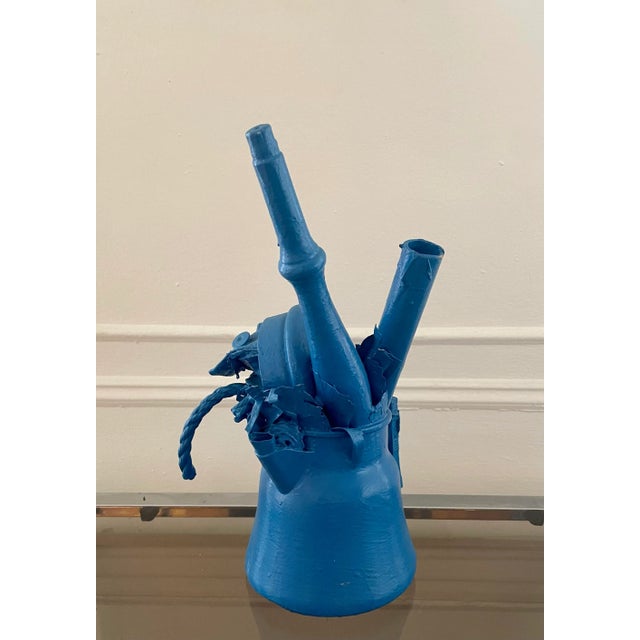 Abstract Vintage Folk Art Painted Blue Assemblage Artist Piece Kettle For Sale - Image 3 of 6