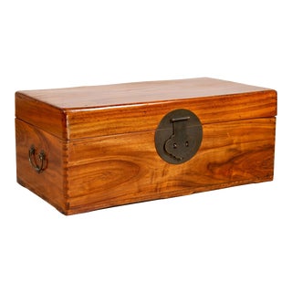 Chinese Antique Elmwood Blanket Chest with Round Brass Medallion Hardware For Sale