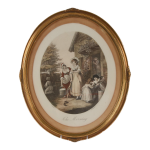 Early 20th Century Antique "The Morning" Hand-Colored Oval Print by Hamilton & Bartolozzi, Framed