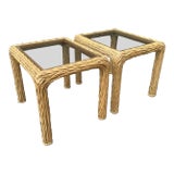 Pair of Mid Century Pencil Reed and Rattan Side Tables With Glass Tops For Sale