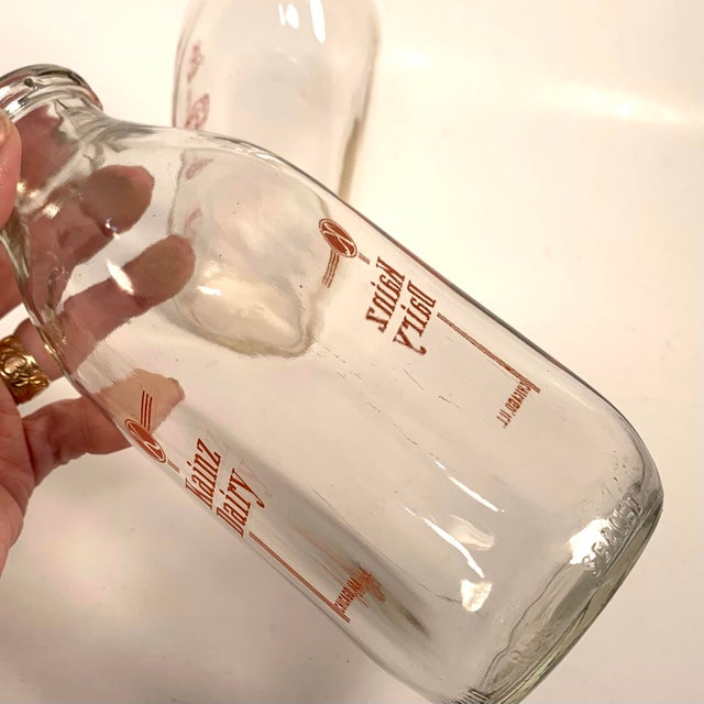 Farmhouse Circa 1940s Pet & Kainz Dairy Glass Pint Milk Bottles – Pair For Sale - Image 3 of 12