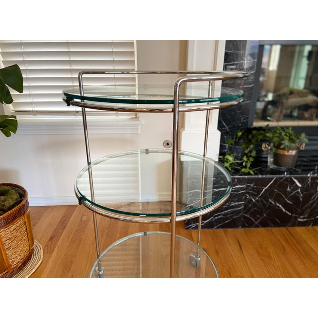 Contemporary Round Chrome Bar Serving Cart With Glass Shelves For Sale - Image 3 of 12