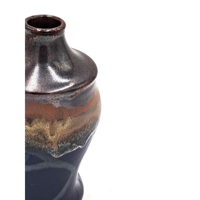 Mid-Century Modern Mid-Century Modern Wavy Hand-Thrown Signed Studio Vase With Blue and Brown Drip Glaze For Sale - Image 3 of 6