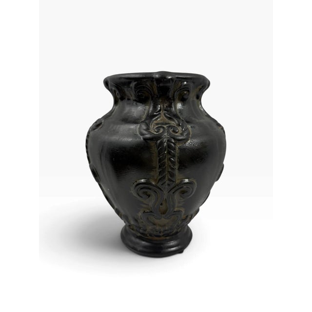 Late 20th Century Black Relief Urn Vase Classical Scroll and Leaf Design Footed For Sale - Image 4 of 7