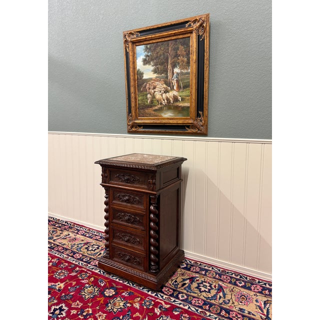 Late 19th Century Antique French Marble Top Chest Side or End Table Nightstand Barley Twist Oak For Sale - Image 5 of 18