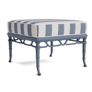 Brown Jordan Calcutta Ottoman in Sapphire with Sapphire Stripe and Sea Salt Welt Cushions For Sale