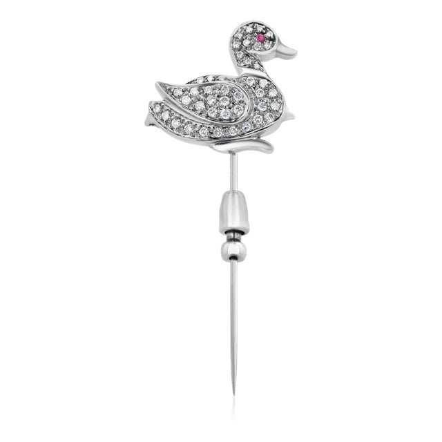 Art Deco Platinum Duck Stick Pin Diamond Accents and Ruby Eye Early 20th Century For Sale