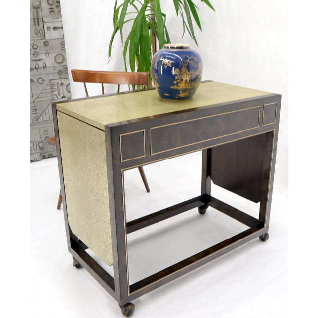 Drop Leaf Textured Brass Top Burl Wood Rolling Serving Cart Bar by Mastercraft For Sale - Image 10 of 13