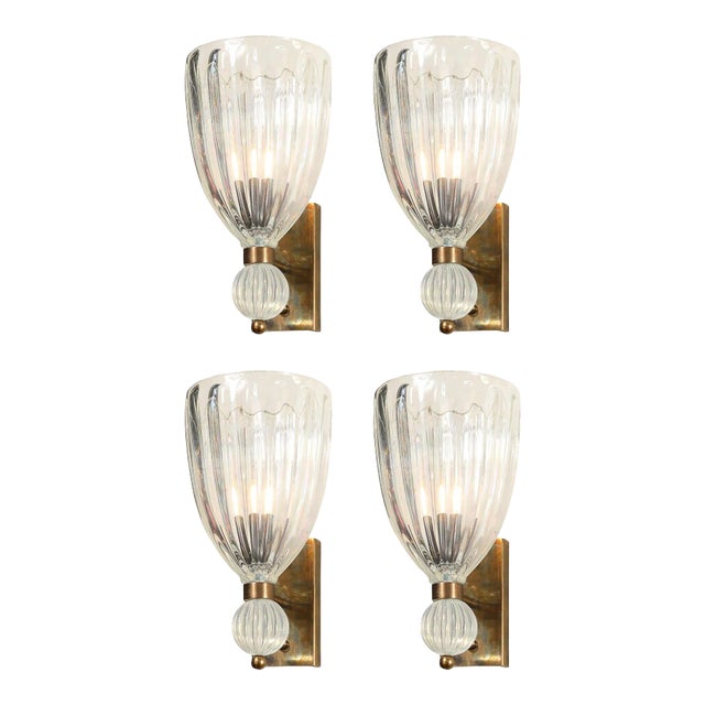 Set of Four Modernist Antique Brass Iridescent Murano Glass Orbital Drop Sconces For Sale
