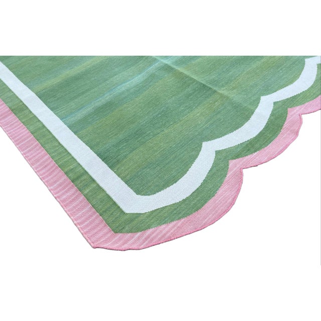 Not Yet Made - Made To Order Handwoven Cotton Area Rug Vegetable Dyed Forest Green and Pink Border Scalloped Dhurrie - 9'x12' For Sale - Image 5 of 10