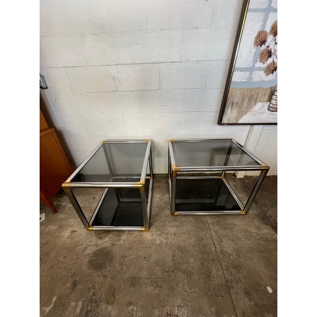 1970s Pair of Mid-Century Modern Chrome and Brass Tubular Side or End Tables For Sale - Image 5 of 11