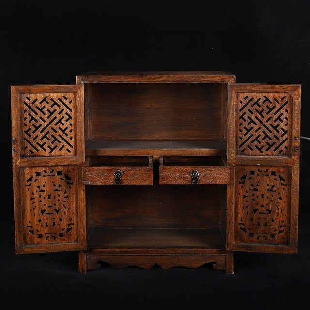 Chinese Vintage Chinese Huali Rosewood Carved Two-Door Tabletop Cabinet With Drawers For Sale - Image 3 of 9