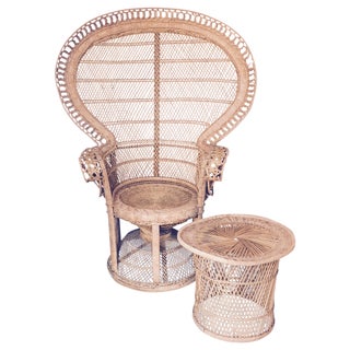 Vintage Wicker Rattan Peacock Fan Chair and Table For Sale