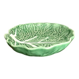 8.5" Vintage Dark Green Majolica Cabbagewear Leaf Ceramic Bowl - Made in Portugal For Sale
