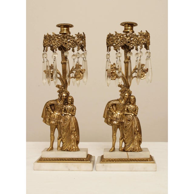 Late 19th Century Antique Victorian Brass Marble Base Girandole Candelabra - 3 Pieces For Sale - Image 5 of 13