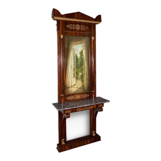 Very Tall 8' Antique Empire Style Mirror, Italian, Walnut, Marble, Victorian For Sale