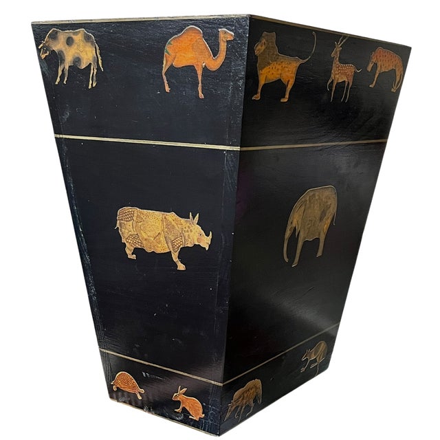 1990s Vintage Safari Animal Appliqué Wood Wastebasket by the Essex Collection For Sale - Image 5 of 11