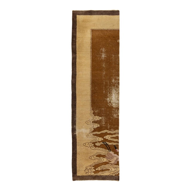 Antique Art Deco Chinese Nichols Style Runner – Hand-Knotted Wool, Earth Tones & Crane Motif For Sale