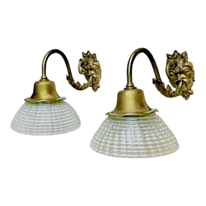 Pair 1920s Gilt Brass French Satyr Head Wall Sconces