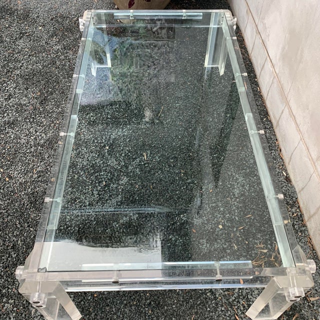 Vintage Lucite Coffee Table With Thick Acrylic Frame and Glass Top For Sale - Image 4 of 12