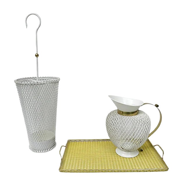 Mid-Century White & Yellow Metal & Brass Umbrella Stand, Tray, & Jug , Set of 3 For Sale