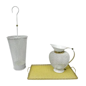 Mid-Century White & Yellow Metal & Brass Umbrella Stand, Tray, & Jug , Set of 3