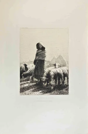 Jean-Ferdinand Chaigneau, Femme Gardant des Moutons, Etching, 1870s