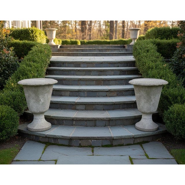 Pair of Brutalist Cast Stone Sculptural Urns on Footed Base For Sale - Image 9 of 10