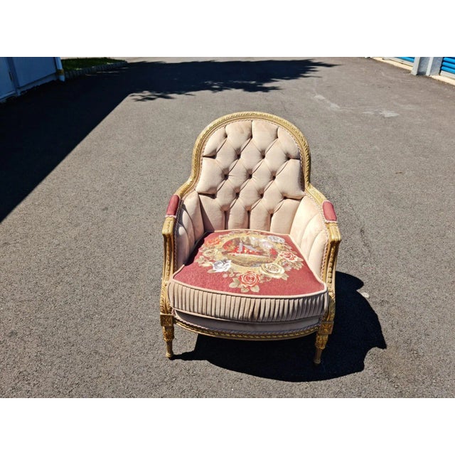 Beige 20th Century Antique Style Wood Carved Upholstered Bergere Chair for Living Room For Sale - Image 8 of 9