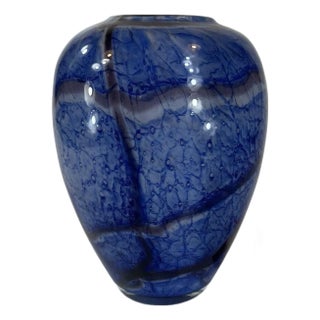 Late 20th Century Large Vase Blue Mouth Blown Art Glass Sea Scape Gold Dust vintage 12.5" For Sale