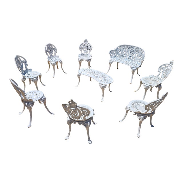 1940s Victorian Garden Bistro Bench, Center Table & Chairs, 9 Pieces For Sale