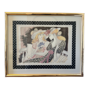 Mid-Century Fine Art Print "Confidences" Depicting Two Women by Serge Marjisse (French, B. 1936), Framed
