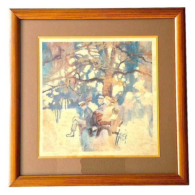 Mid 20th Century Impressionist Print in Teak Wood Frame, "Cronies", by Diane Tygier For Sale In Miami - Image 6 of 11