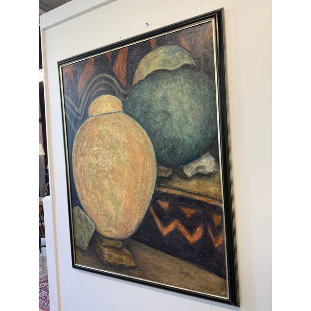 This is a textured modern still life painting with earthen storage jars titled “African Pottery” by Ed Jaffe (1929-2023)....