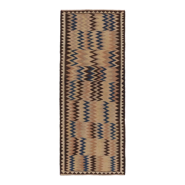 Vintage Persian Kilim Runner, Bold Blue and Beige-Brown Chevrons - Rug & Kilim For Sale