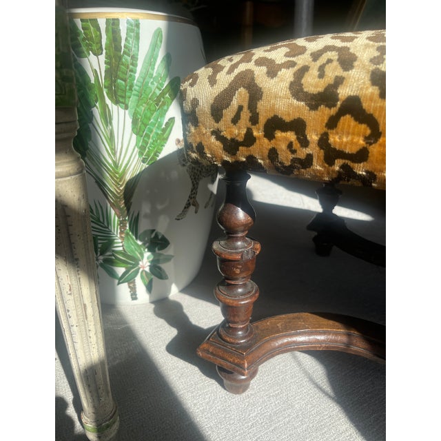 French Louis XIII Style Turned Wood Ottoman, Animal Print Velvet For Sale - Image 15 of 16