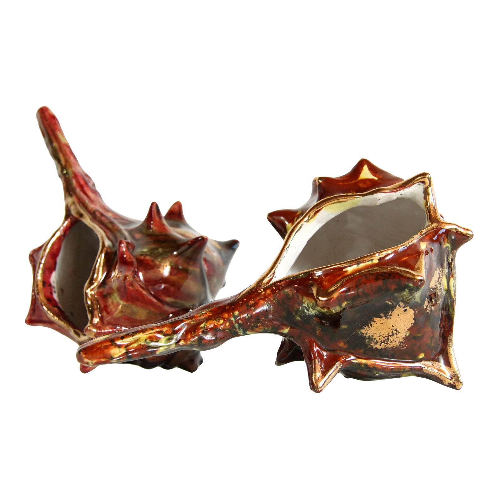 Vintage Italian Ceramic Burgundy & Gold Conch Shell Cachepot Planters - a Pair