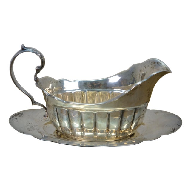 Antique Fisher Silversmiths Sterling Silver Gravy Boat & Underplate 342g 7.5" For Sale