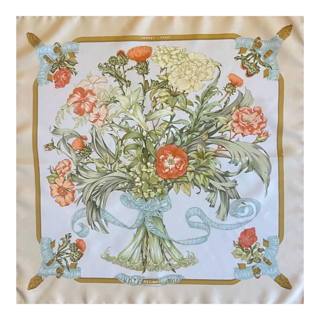 Foulard En Soie Vintage P.L. GALLIENI - Dimensions 73x77 Cm - Couleurs Orange, Jaune, Vert, Ivoire