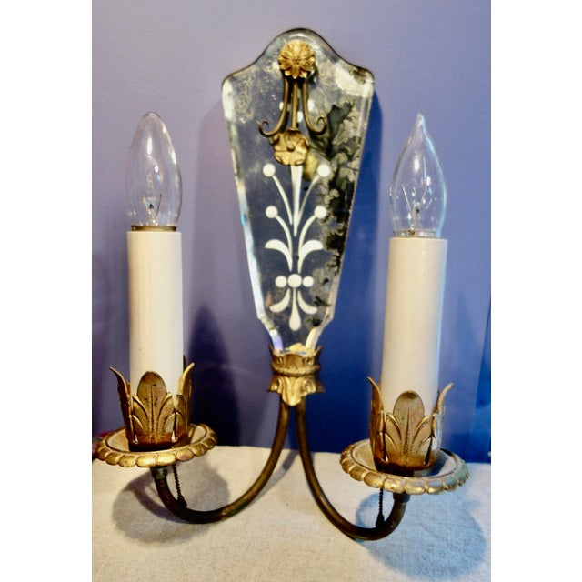 Metal Venetian Art Deco Etched Mirrored Wall Sconces - a Pair For Sale - Image 7 of 14