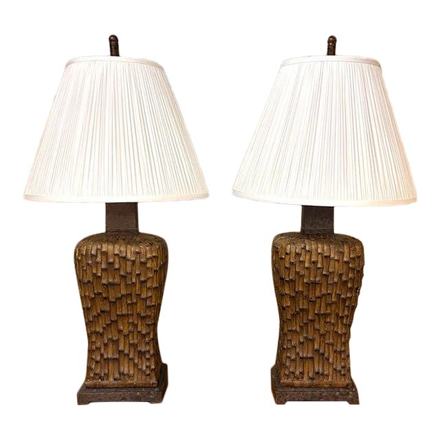 Mid Century Asian Faux Bamboo Table Lamps For Sale